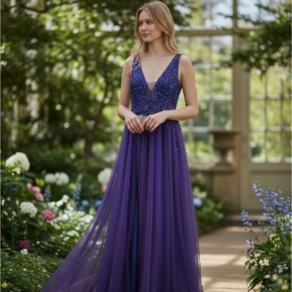 Elegant Purple Evening Gown With Blue Rhinestone Details
